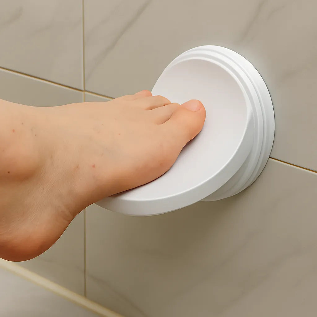 Shave Aid Shower Foot Rest attached to bathroom tiles with someone's foot attached - Shave Aid