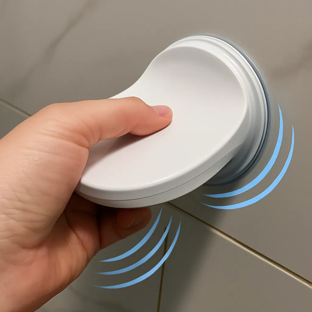 Shave Aid Shower Foot Rest attached to bathroom tiles showcasing suction power - Shave Aid