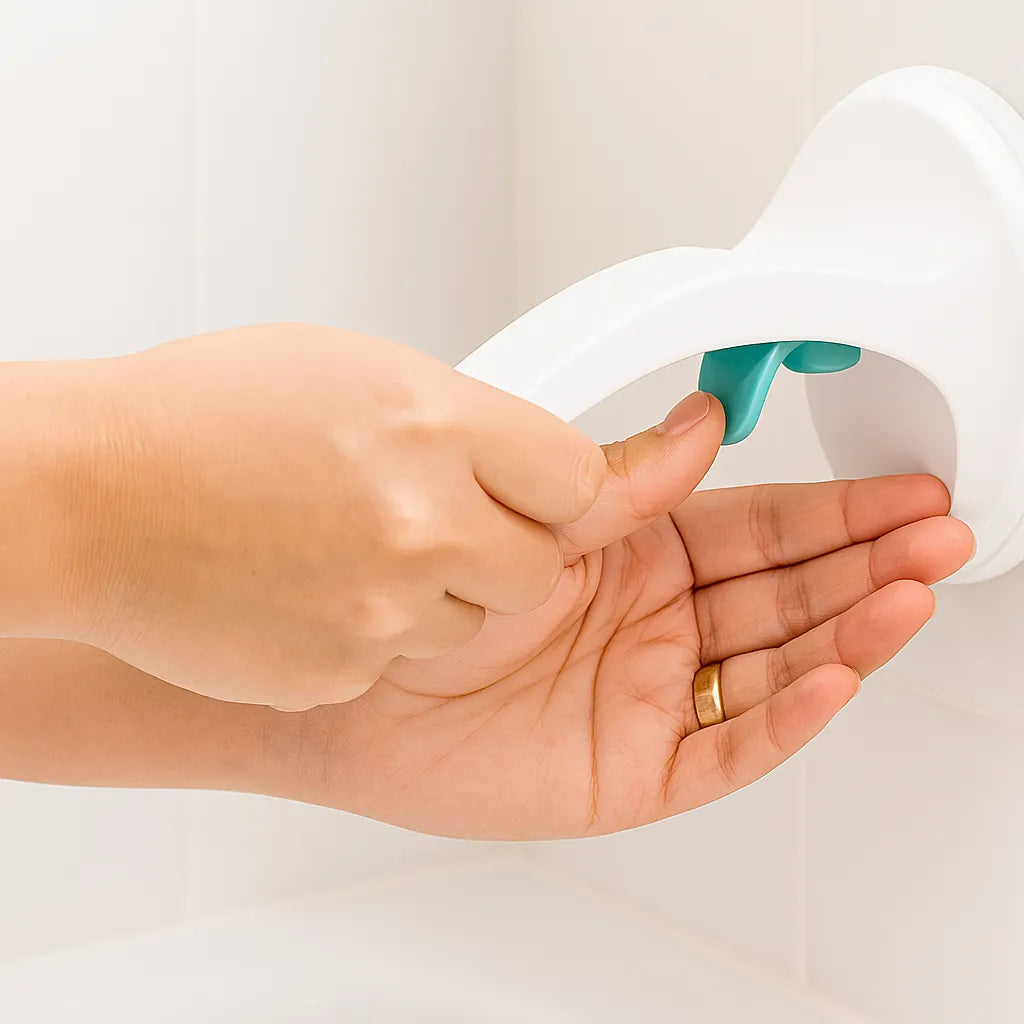 Shave Aid Shower Foot Rest being attached to bathroom tiles with latch to demonstrate no tools are needed - Shave Aid